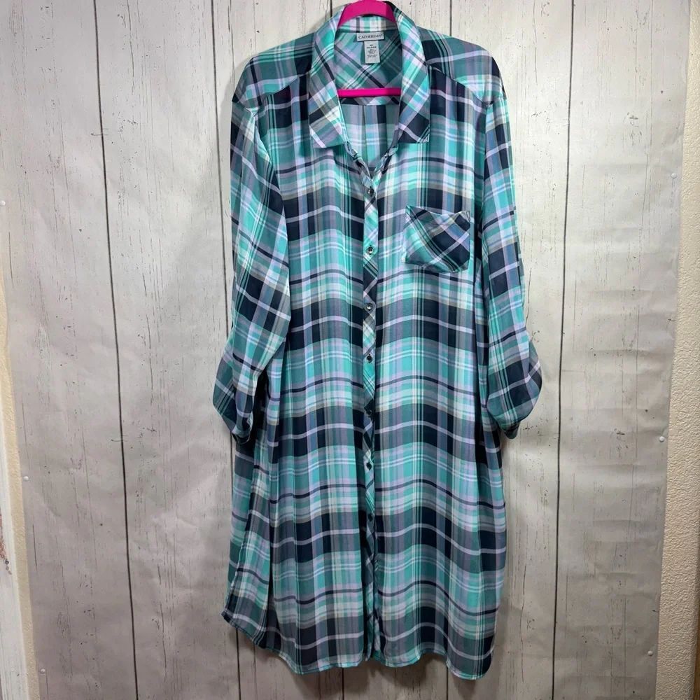 Catherines Plaid Button Down Shirt Dress 4X Green Blue Oversized Preppy